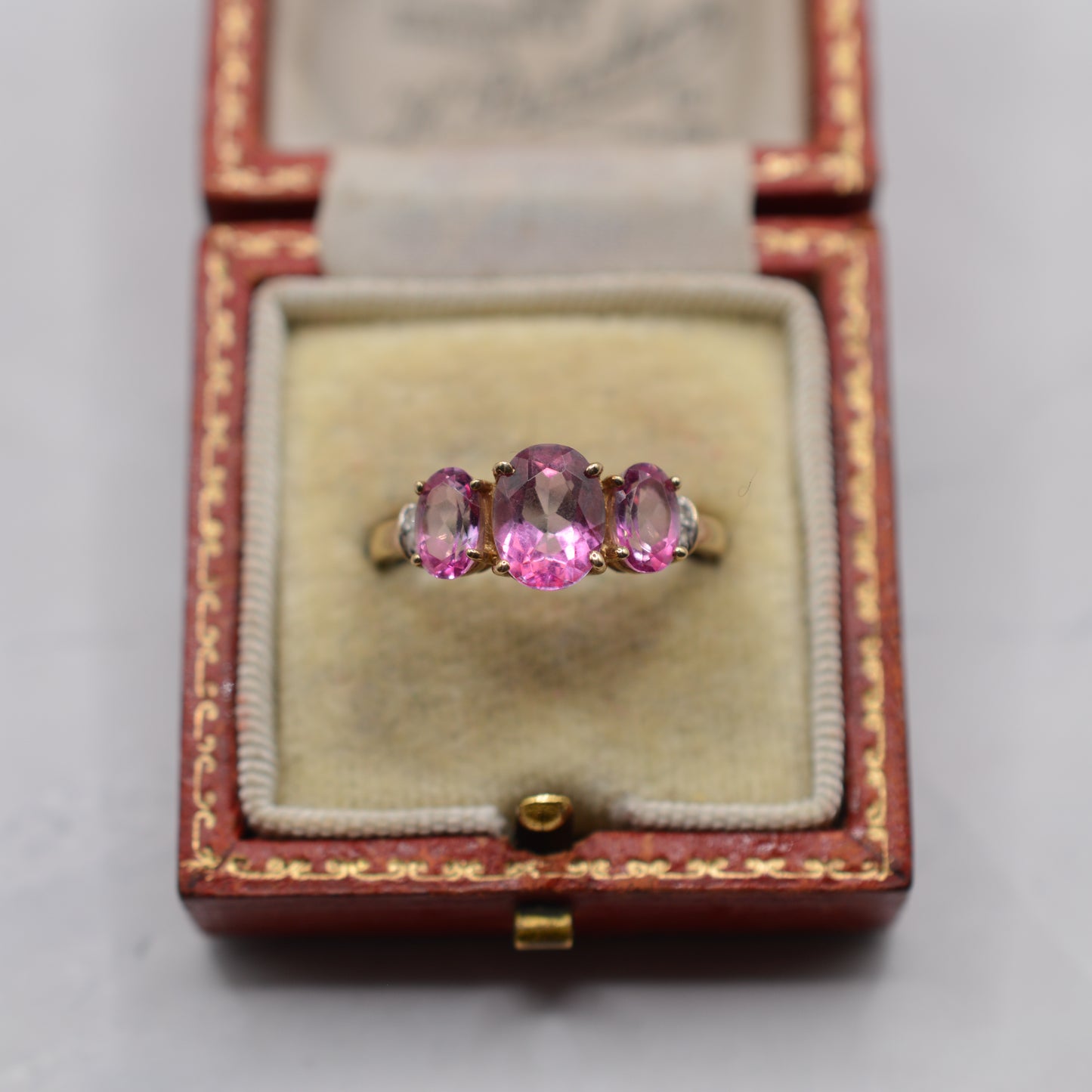 9ct Gold Pink Topaz & Diamond Trilogy Ring