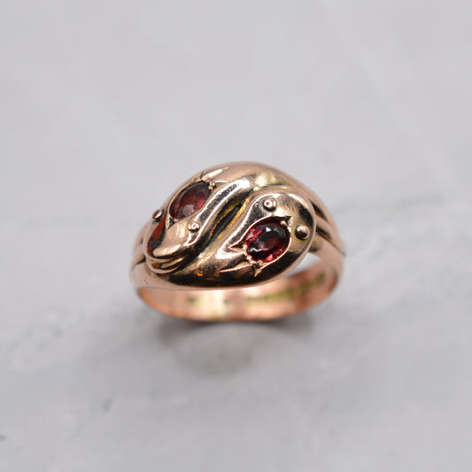 Chunky 1920s Antique 9ct Gold Double Snake Garnet Ring