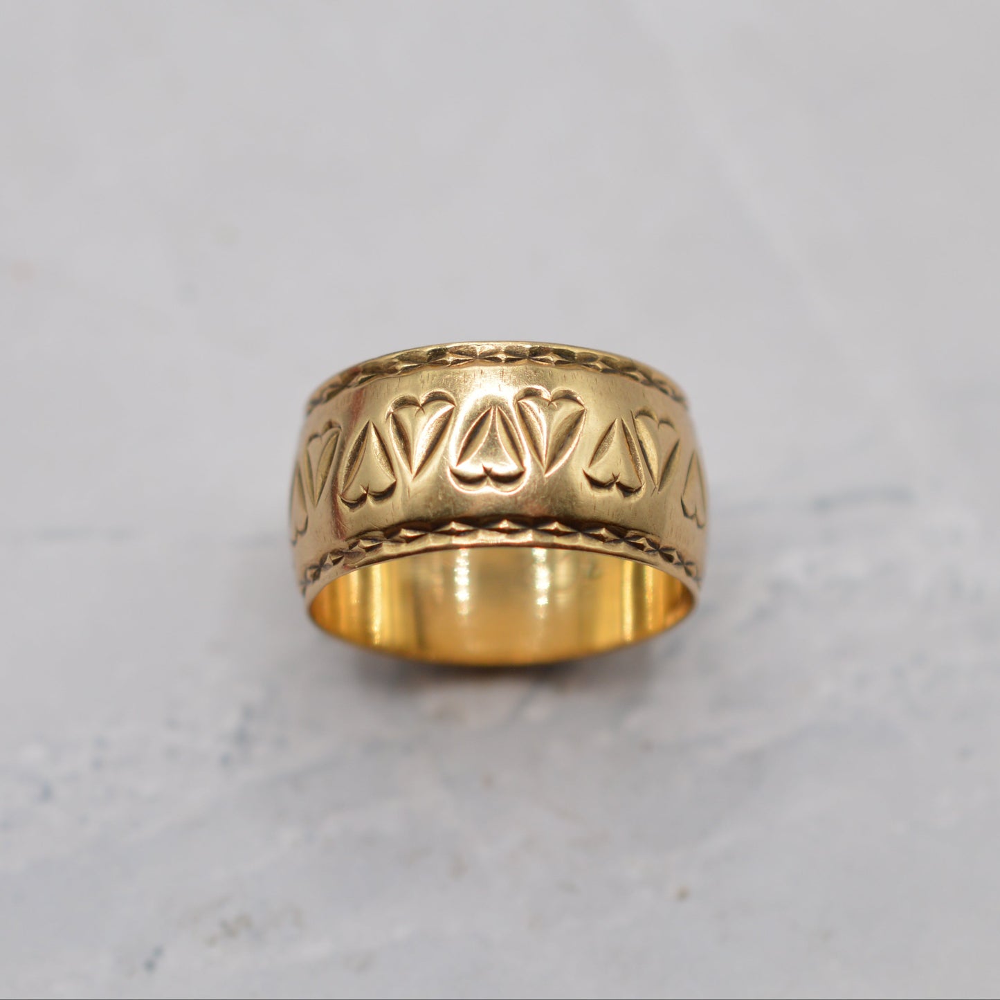 Mega Chunky 1980s 9ct Gold Heart-Engraved Band Ring