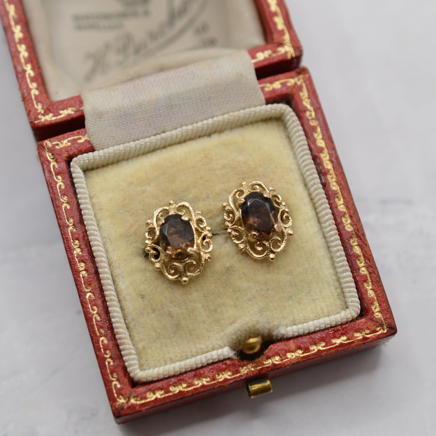 1970s Vintage 9ct Gold Smoky Quartz Openwork Stud Earrings