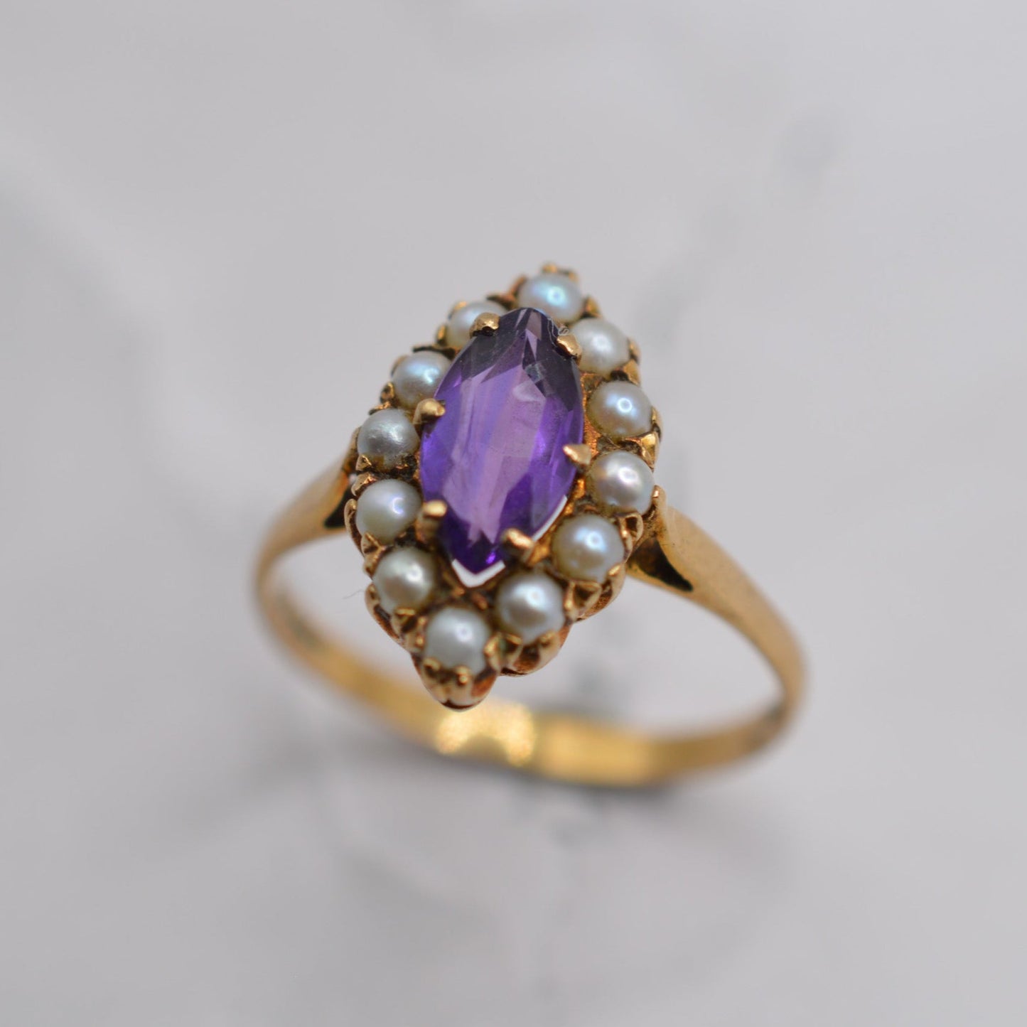 1990s 9ct Gold Amethyst & Seed Pearl Cluster Ring