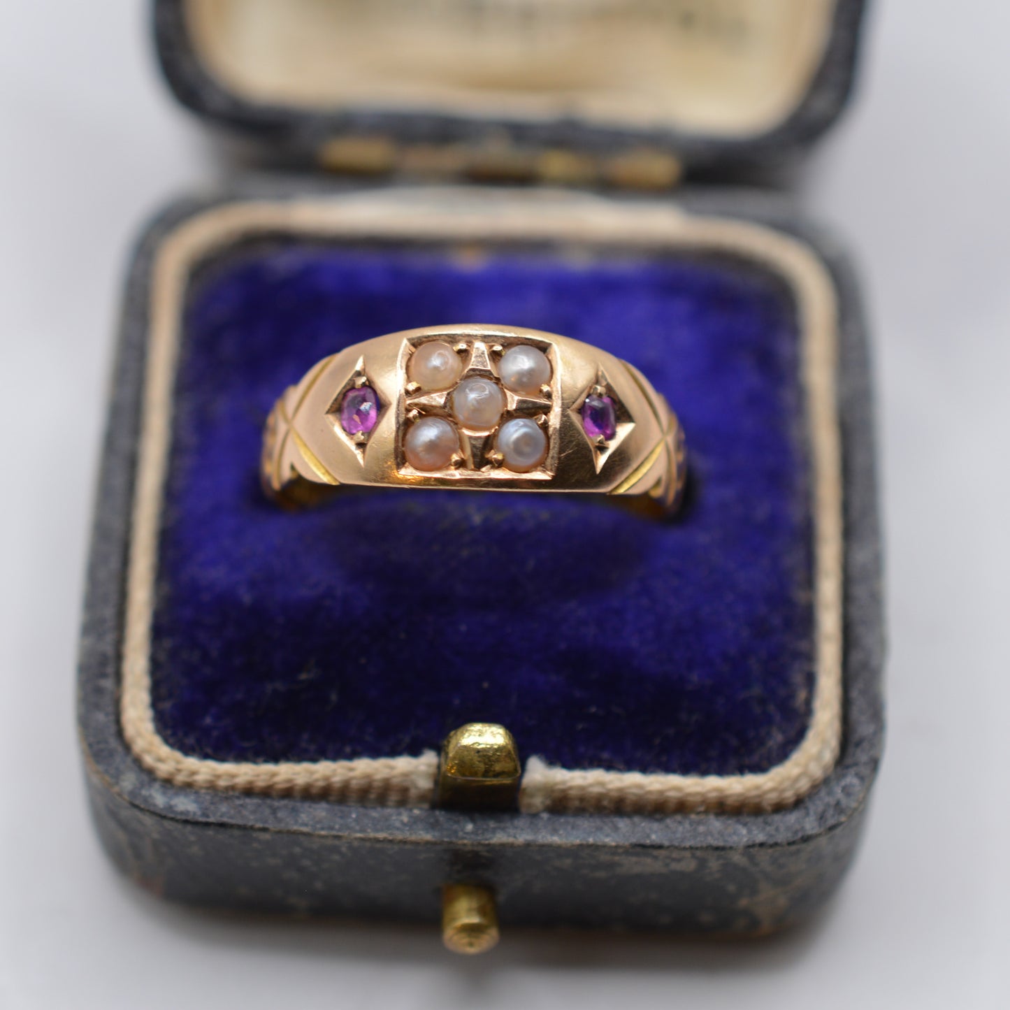 Antique Victorian 15ct Gold Ruby & Pearl Gypsy Ring