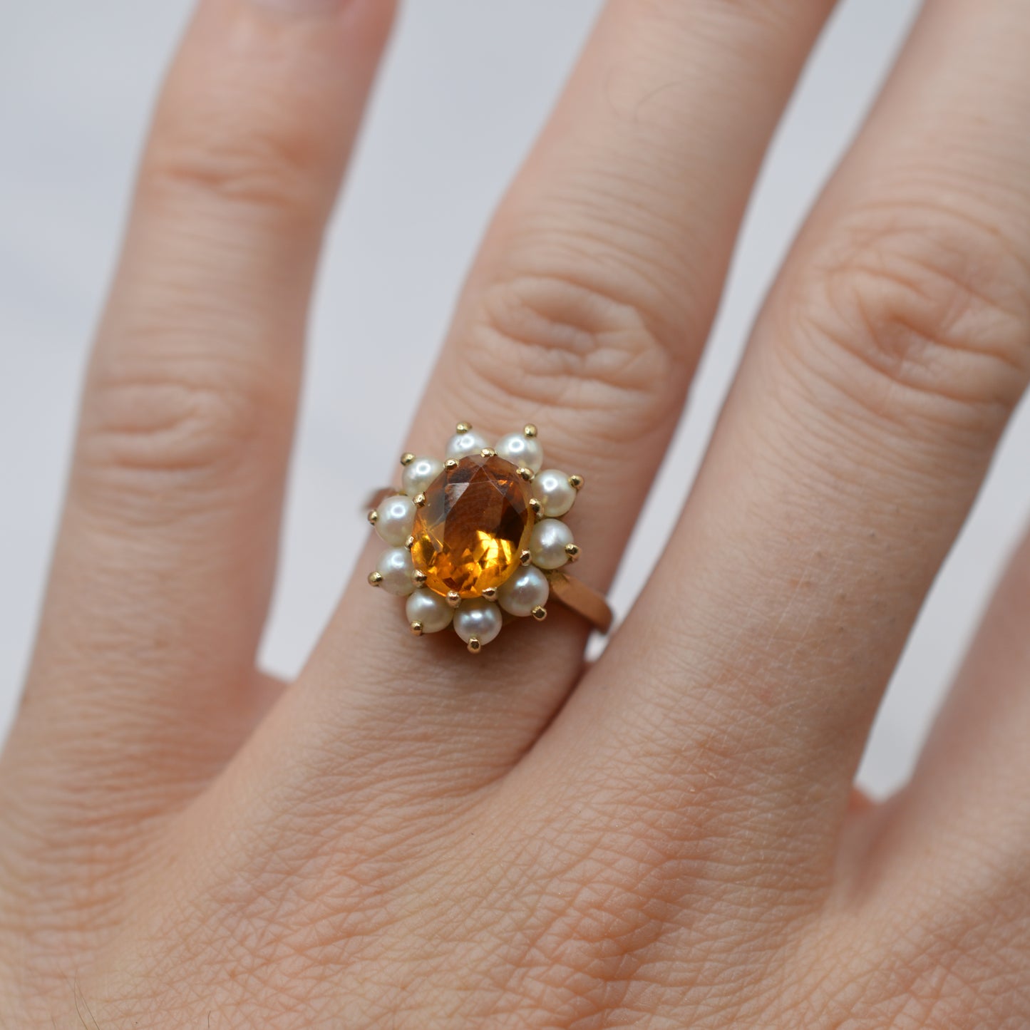 1960s Vintage 9ct Gold Citrine & Pearl Cluster Ring