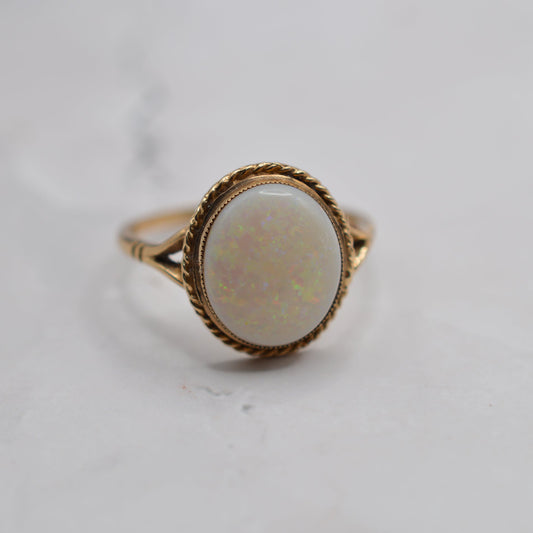 1980s Vintage 9ct Gold Opal Ring with Rope-Twist Border