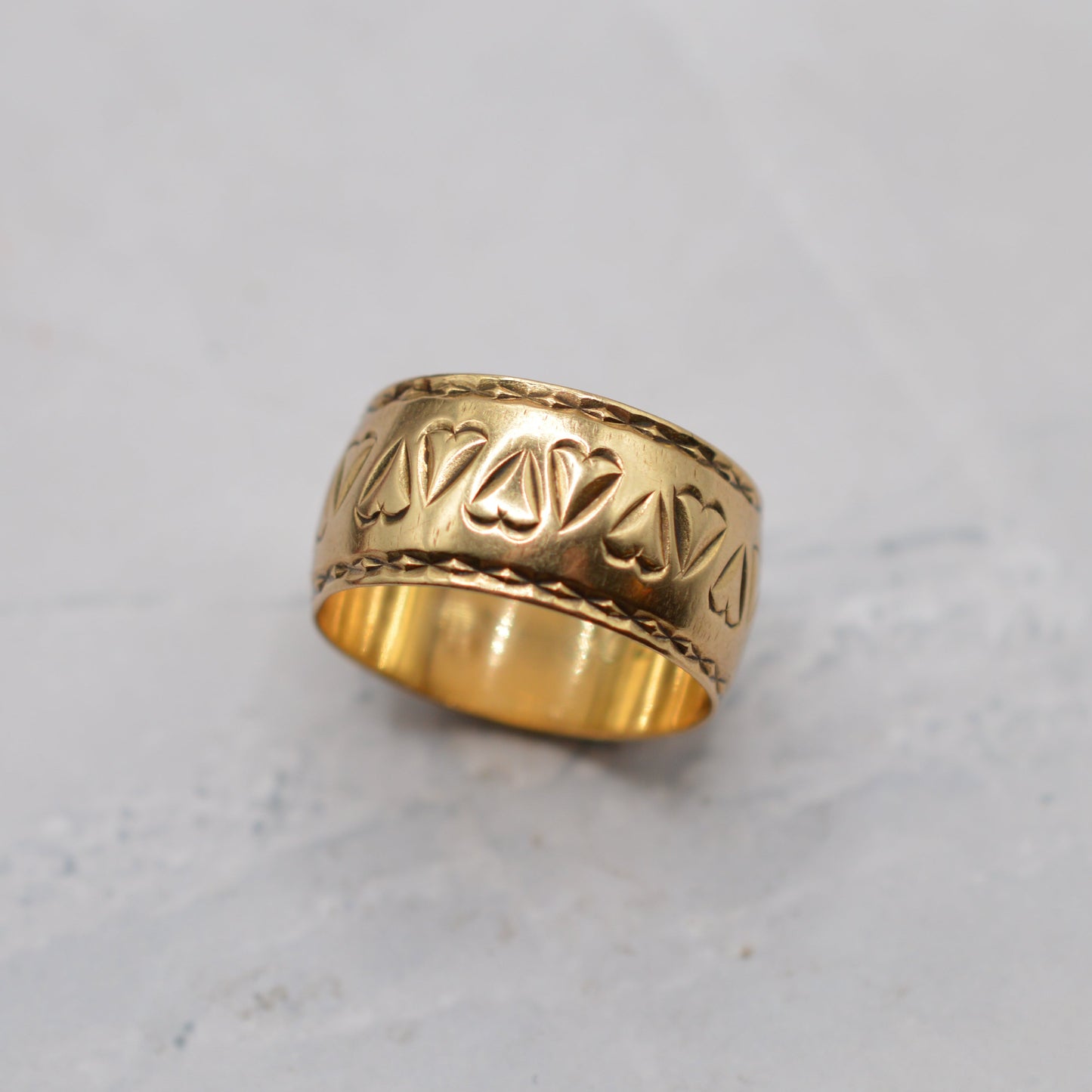 Mega Chunky 1980s 9ct Gold Heart-Engraved Band Ring