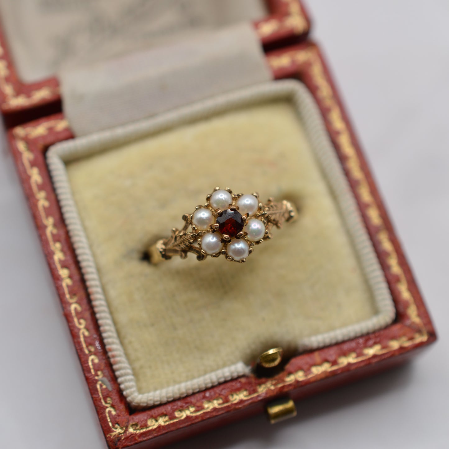 1990s 9ct Gold Pearl & Garnet Floral Cluster Ring