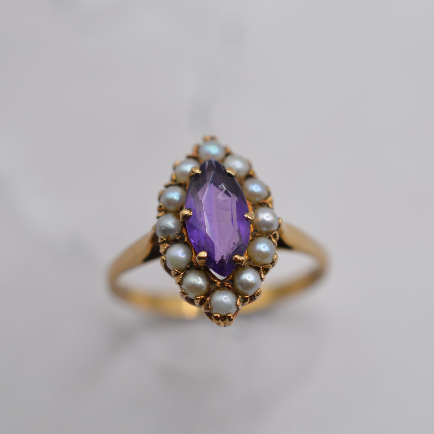 1990s 9ct Gold Amethyst & Seed Pearl Cluster Ring