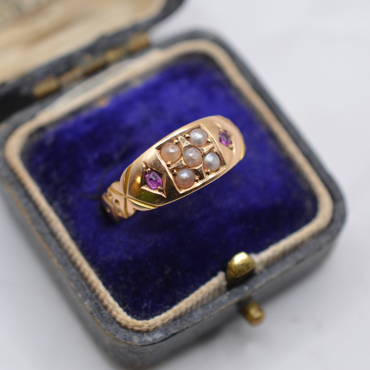 Antique Victorian 15ct Gold Ruby & Pearl Gypsy Ring