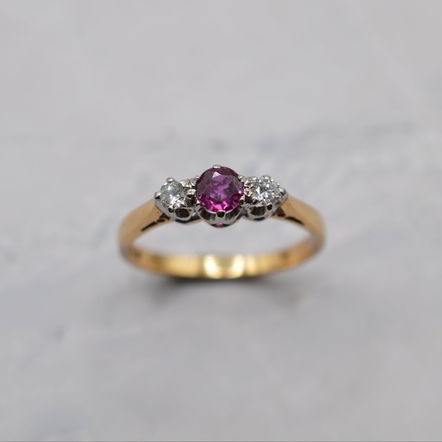 1970s 18ct Gold Pink Sapphire & Diamond Trilogy Ring