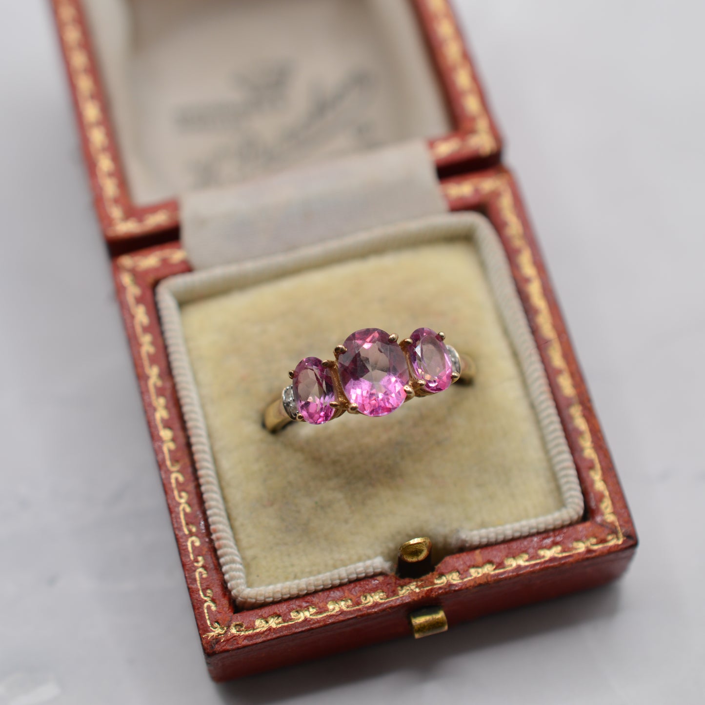 9ct Gold Pink Topaz & Diamond Trilogy Ring