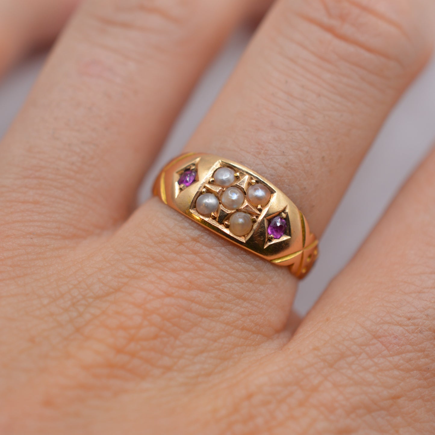 Antique Victorian 15ct Gold Ruby & Pearl Gypsy Ring