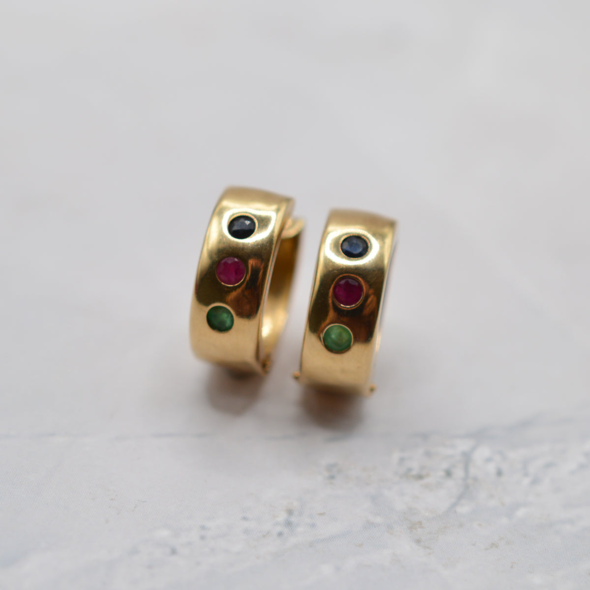 9ct Gold Emerald, Sapphire & Ruby Wide Hoop Earrings