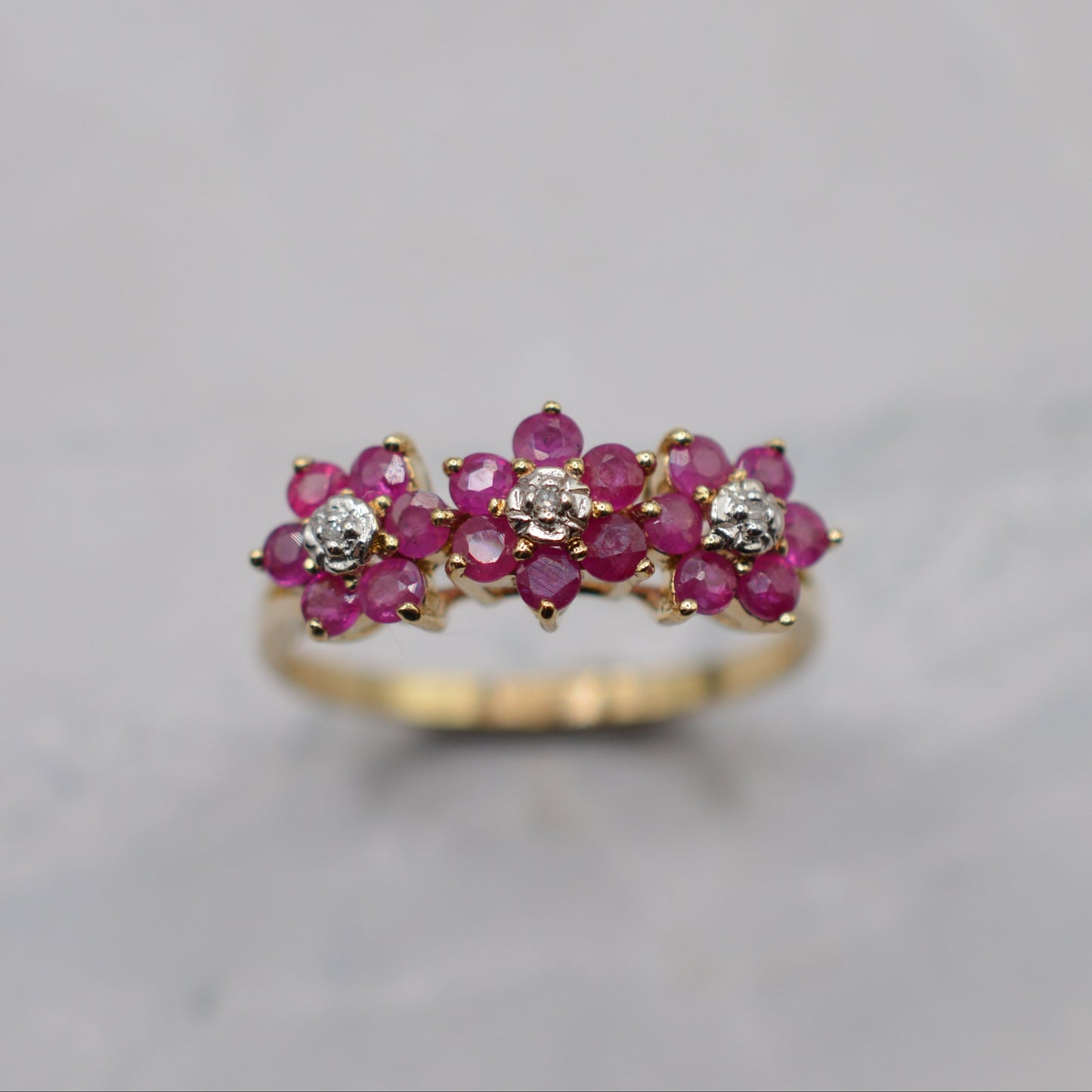 9ct Gold Ruby & Diamond Triple Floral Cluster Ring