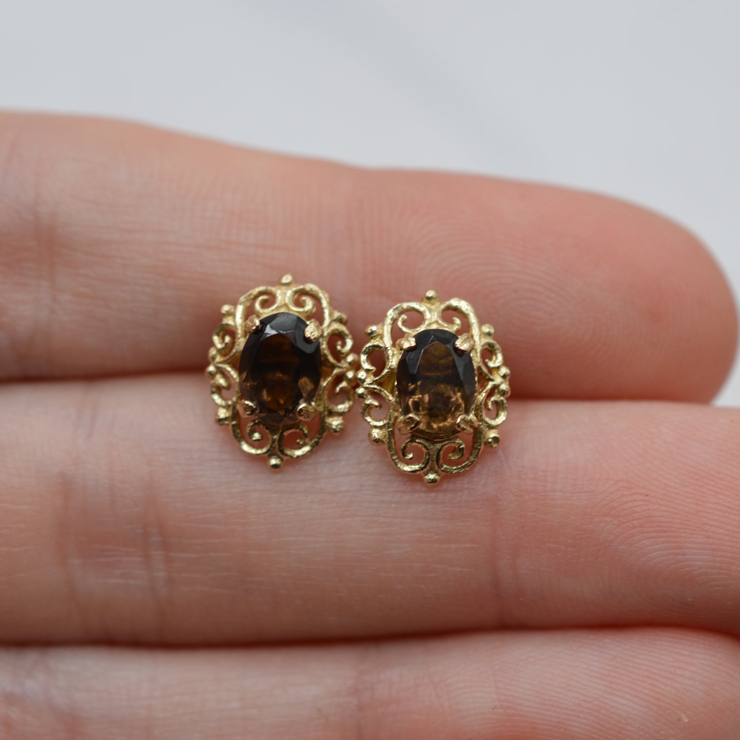 1970s Vintage 9ct Gold Smoky Quartz Openwork Stud Earrings