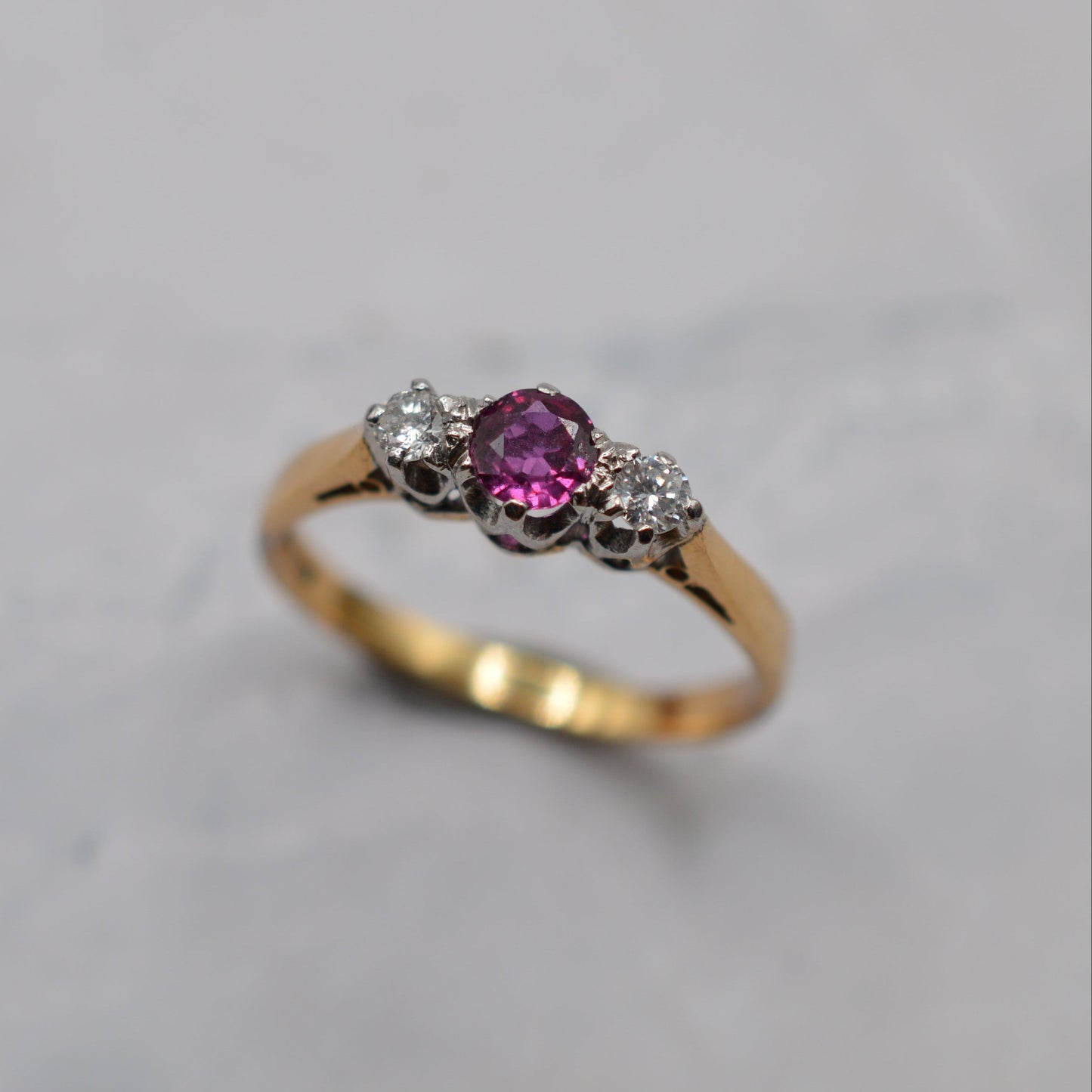 1970s 18ct Gold Pink Sapphire & Diamond Trilogy Ring