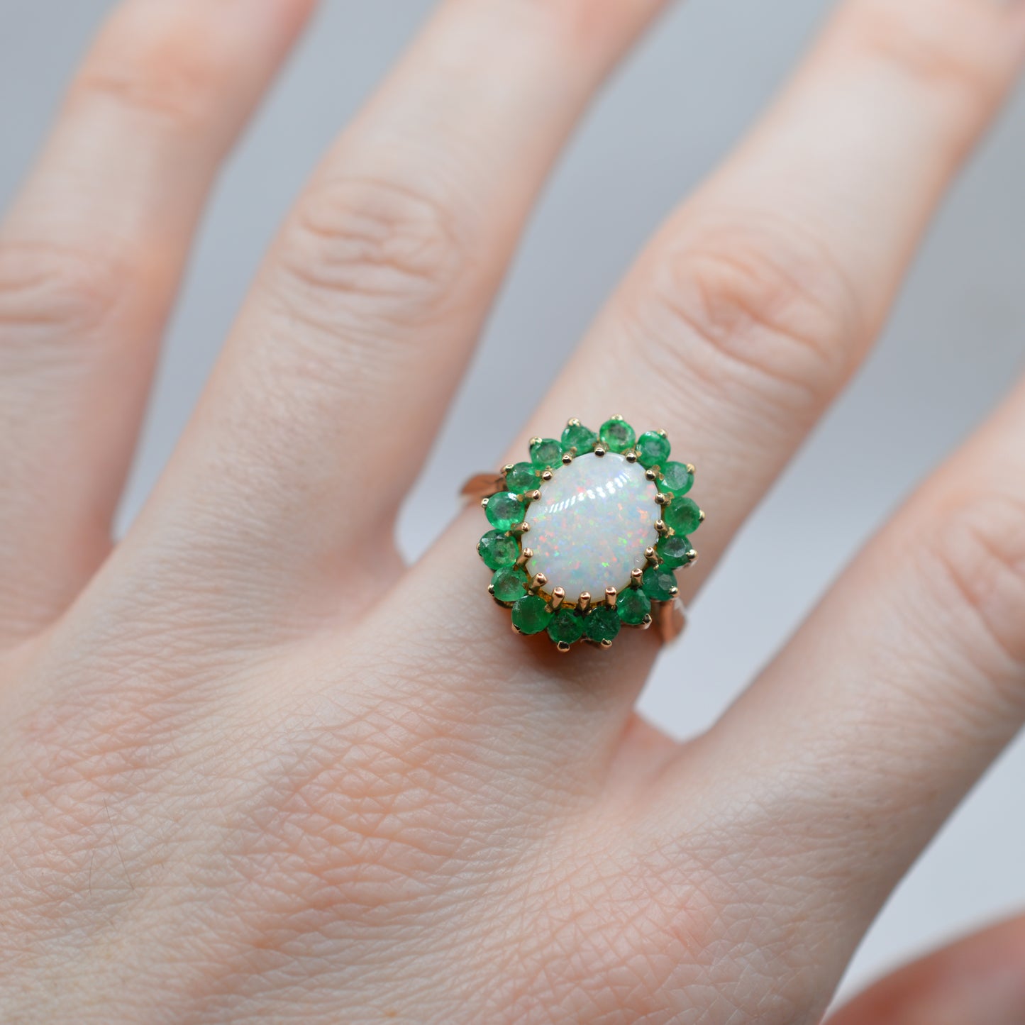 1970s Vintage Chunky 9ct Gold Opal & Emerald Cluster Ring