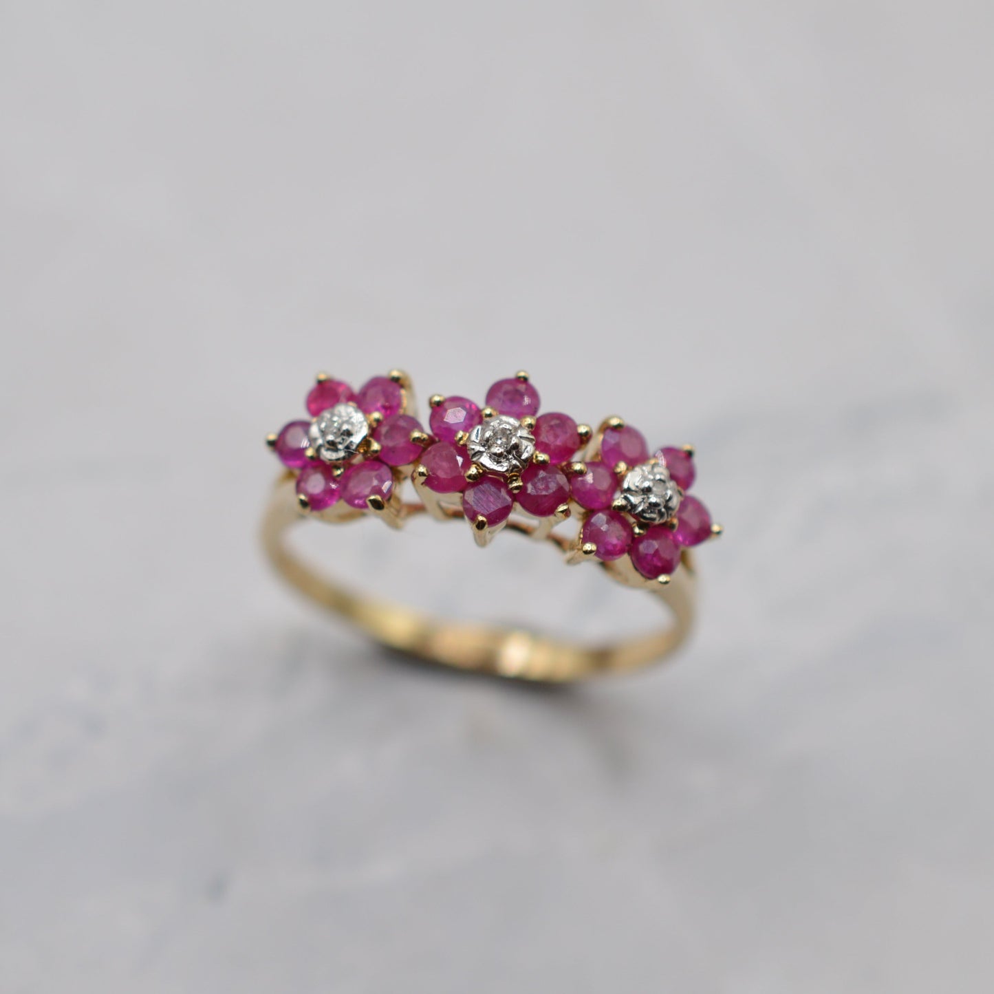 9ct Gold Ruby & Diamond Triple Floral Cluster Ring