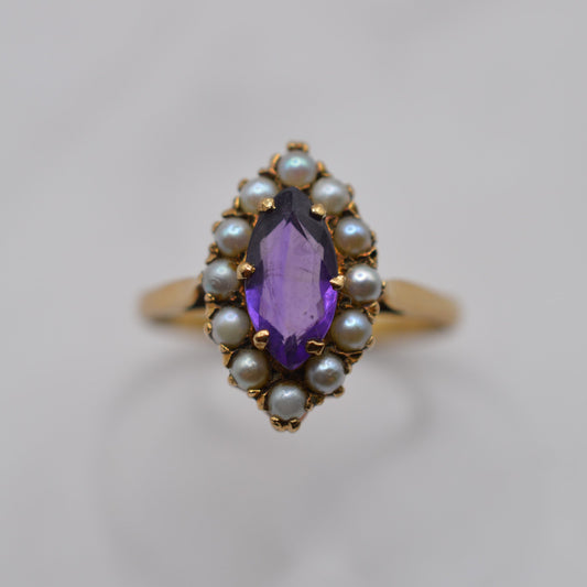 1990s 9ct Gold Amethyst & Seed Pearl Cluster Ring