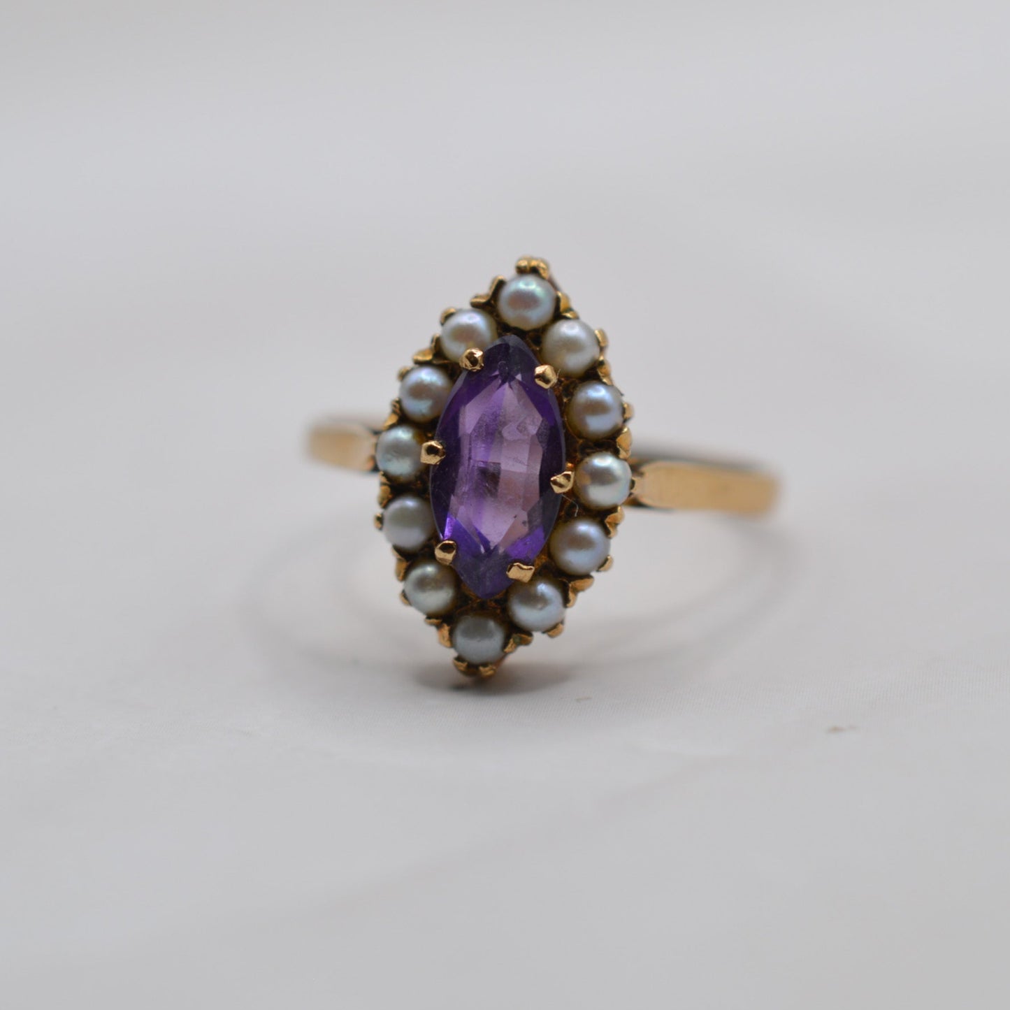 1990s 9ct Gold Amethyst & Seed Pearl Cluster Ring