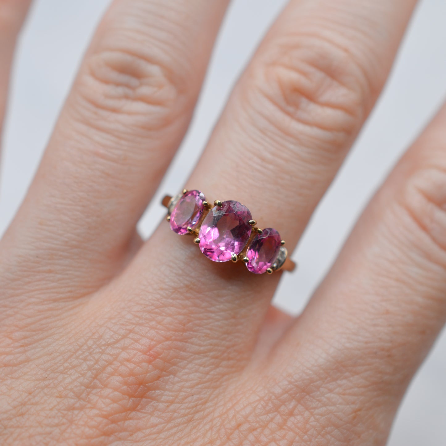 9ct Gold Pink Topaz & Diamond Trilogy Ring