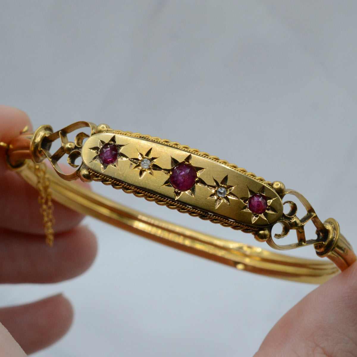 Antique Victorian 9ct Gold Ruby & Diamond Bangle Bracelet