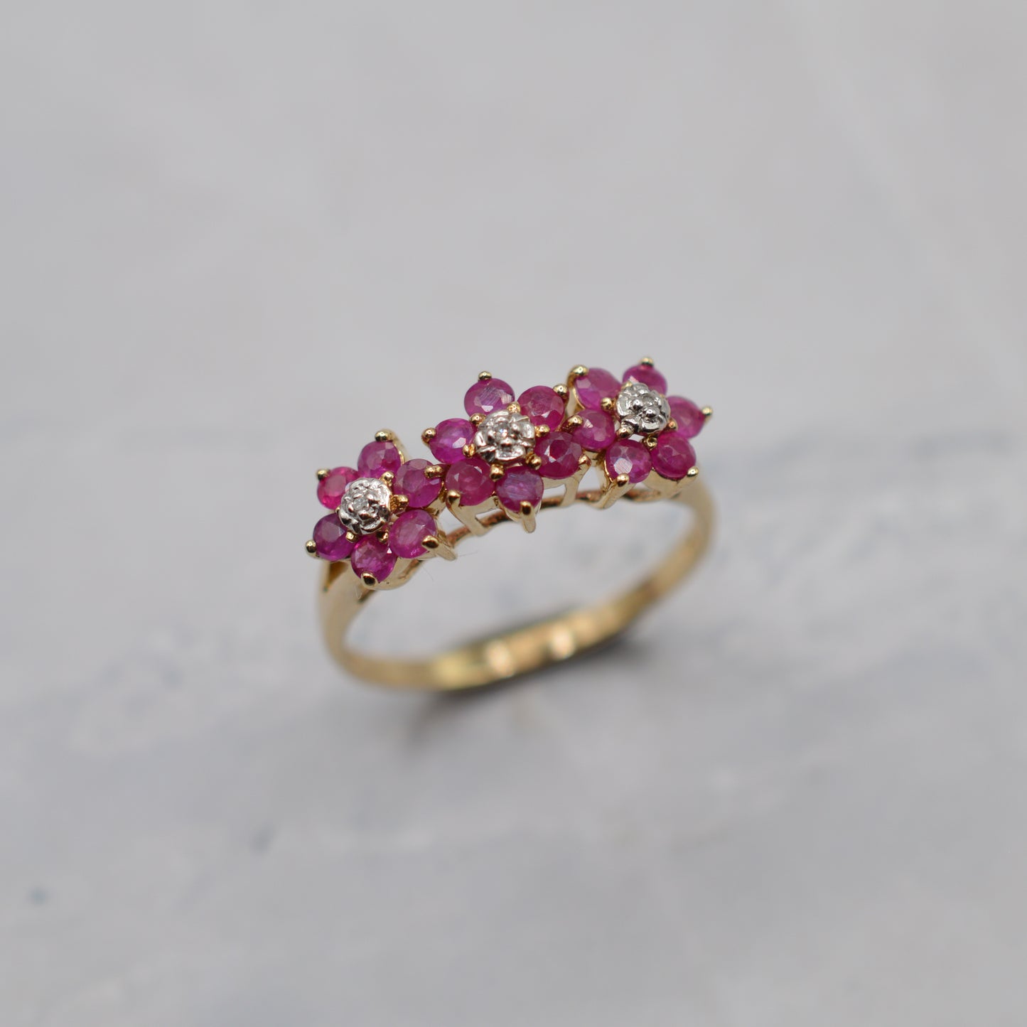 9ct Gold Ruby & Diamond Triple Floral Cluster Ring