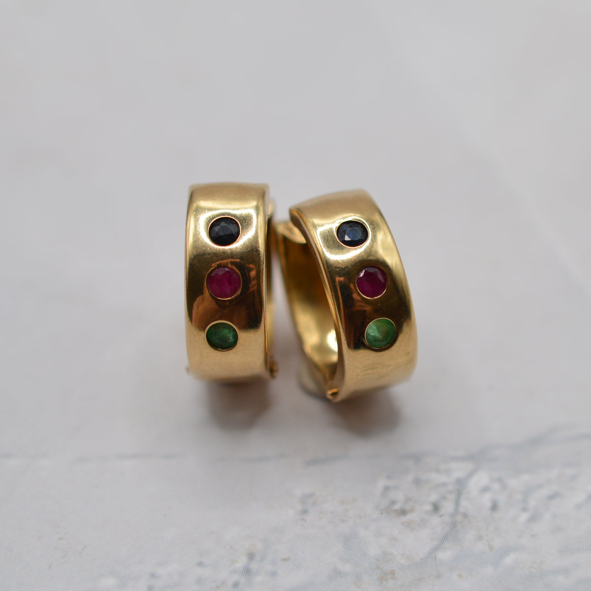 9ct Gold Emerald, Sapphire & Ruby Wide Hoop Earrings