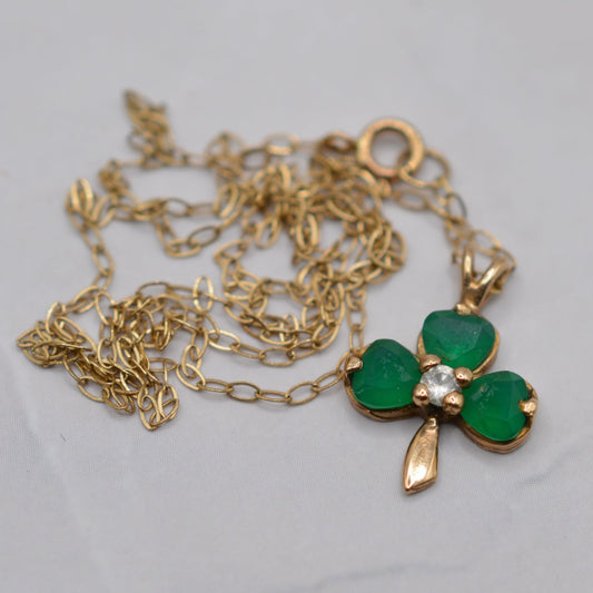 1990s Irish 9ct Gold Shamrock Emerald & Diamond Pendant Necklace