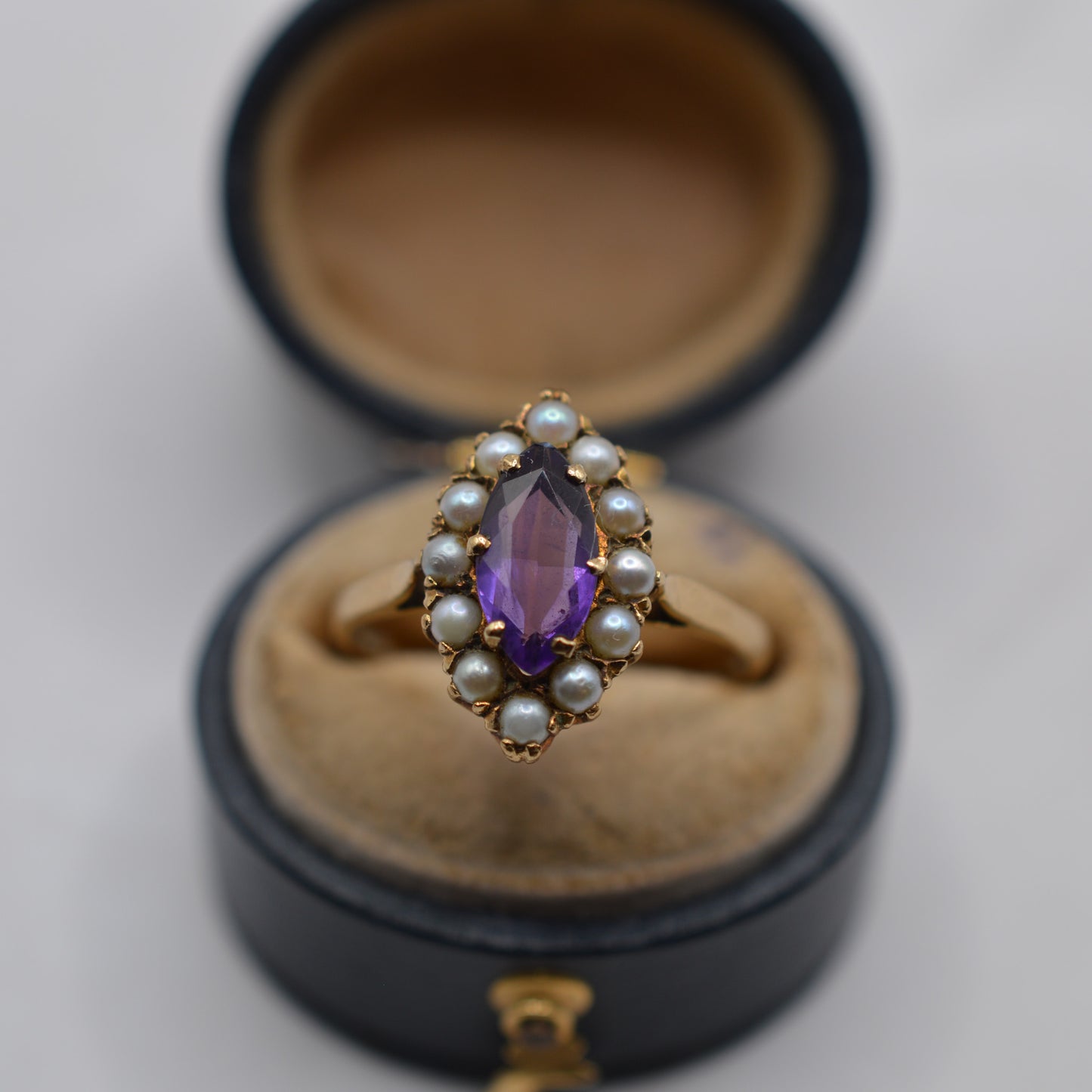 1990s 9ct Gold Amethyst & Seed Pearl Cluster Ring