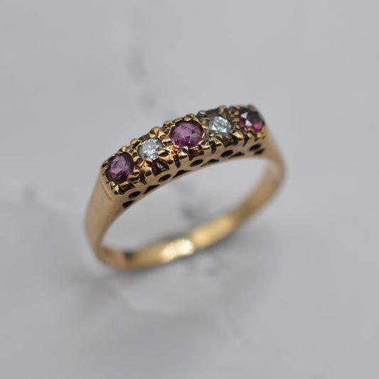 1980s Vintage 9ct Gold Ruby & Diamond Five-Stone Ring