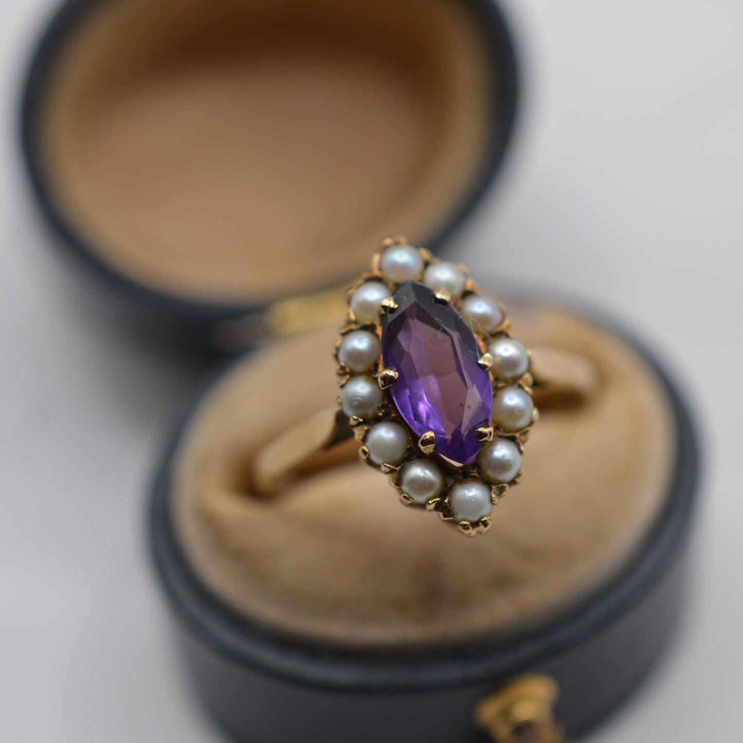 1990s 9ct Gold Amethyst & Seed Pearl Cluster Ring