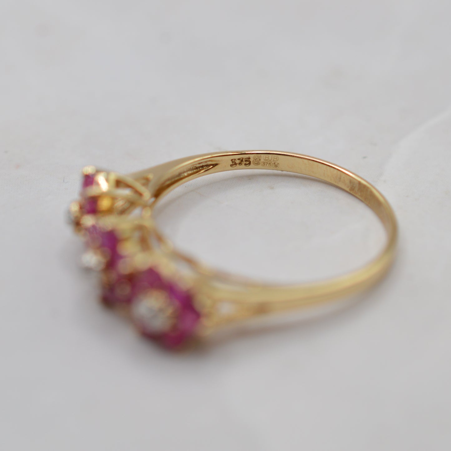 9ct Gold Ruby & Diamond Triple Floral Cluster Ring