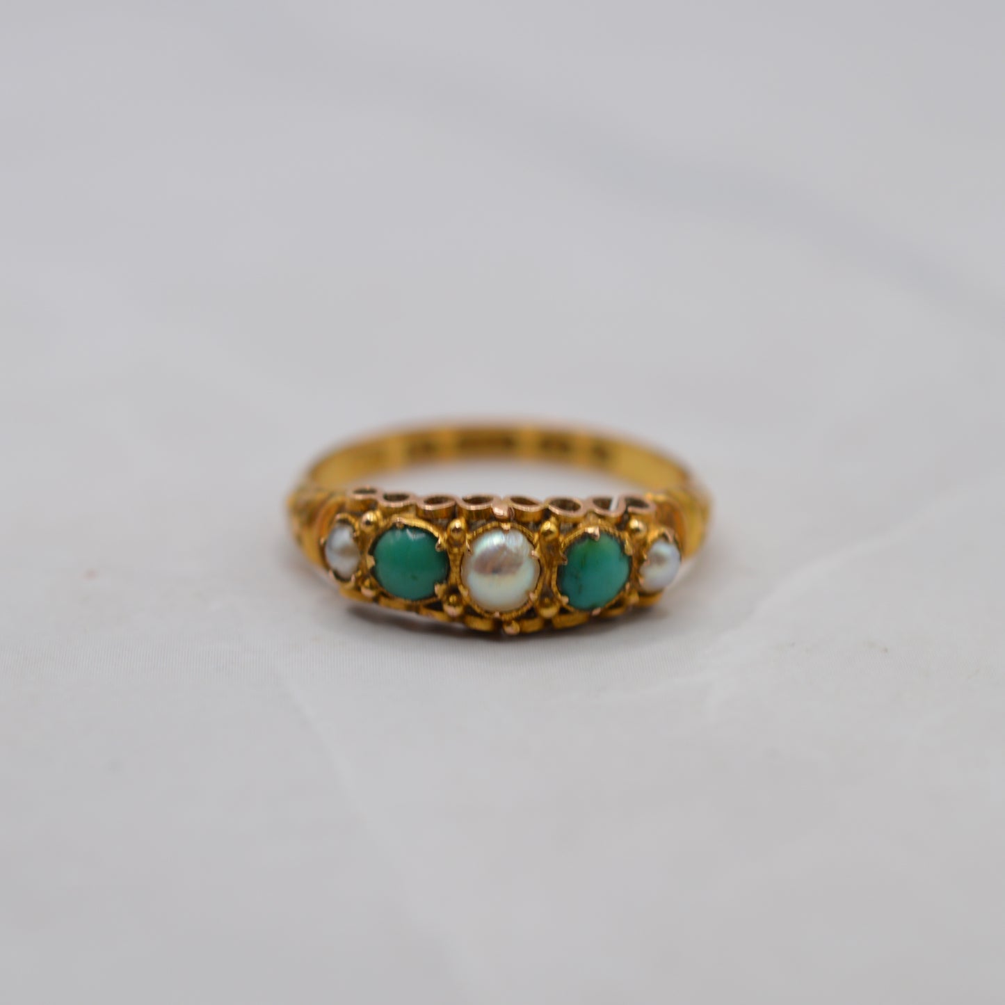 Antique Victorian 1864 15ct Gold Turquoise & Pearl Five-Stone Ring
