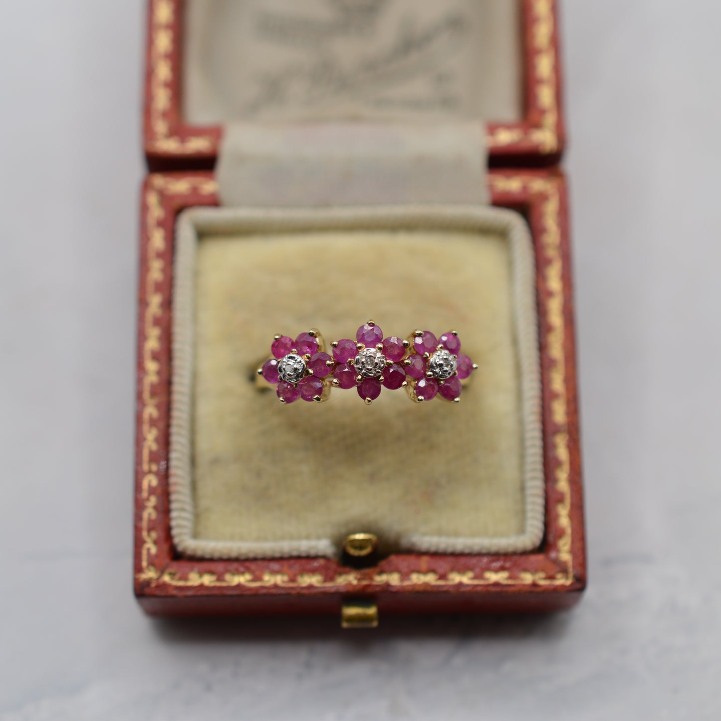 9ct Gold Ruby & Diamond Triple Floral Cluster Ring