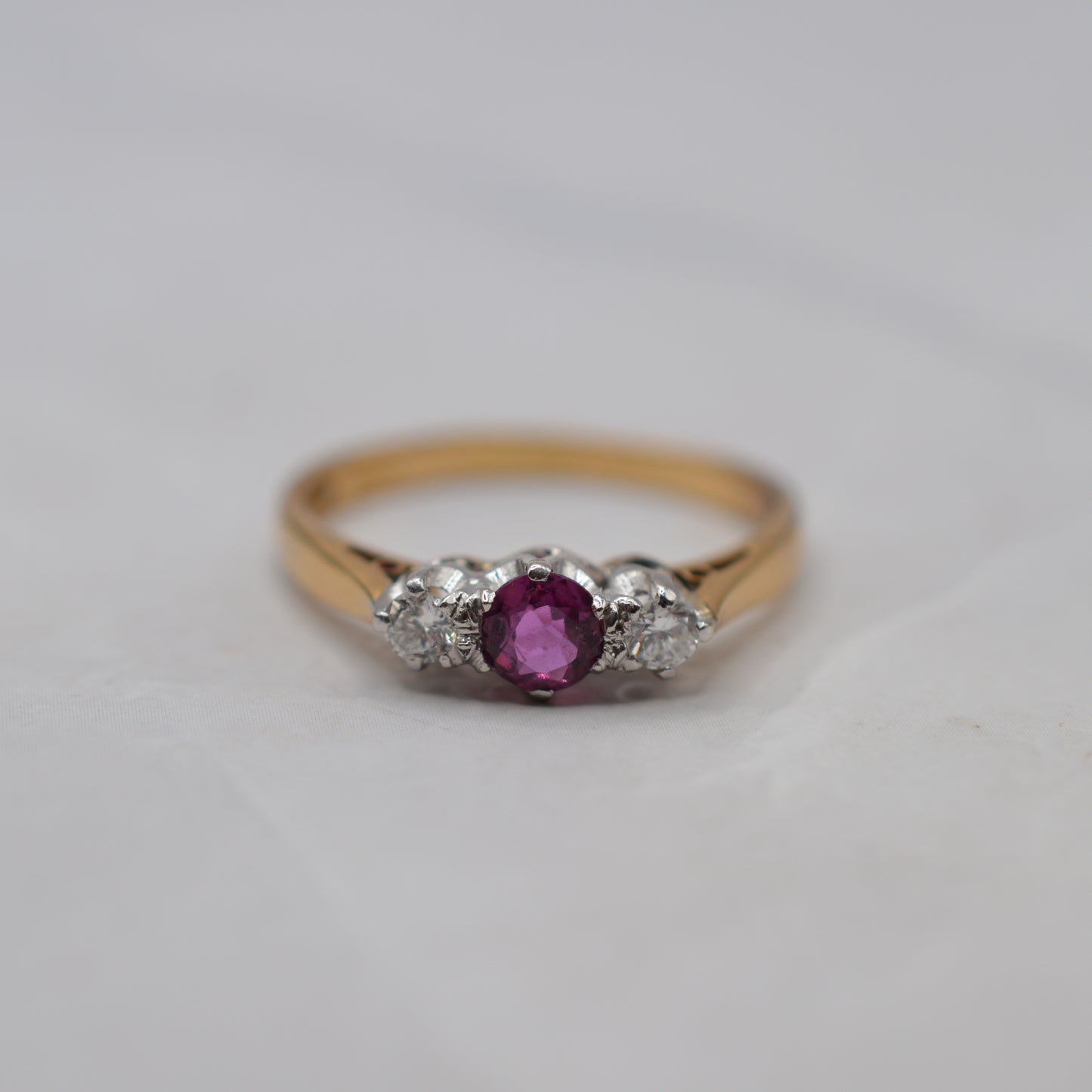 1970s 18ct Gold Pink Sapphire & Diamond Trilogy Ring
