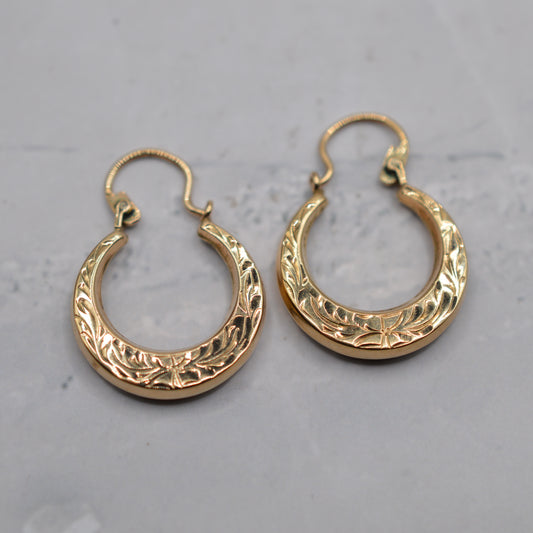 1970s Vintage 9ct Gold Engraved Hoop Earrings