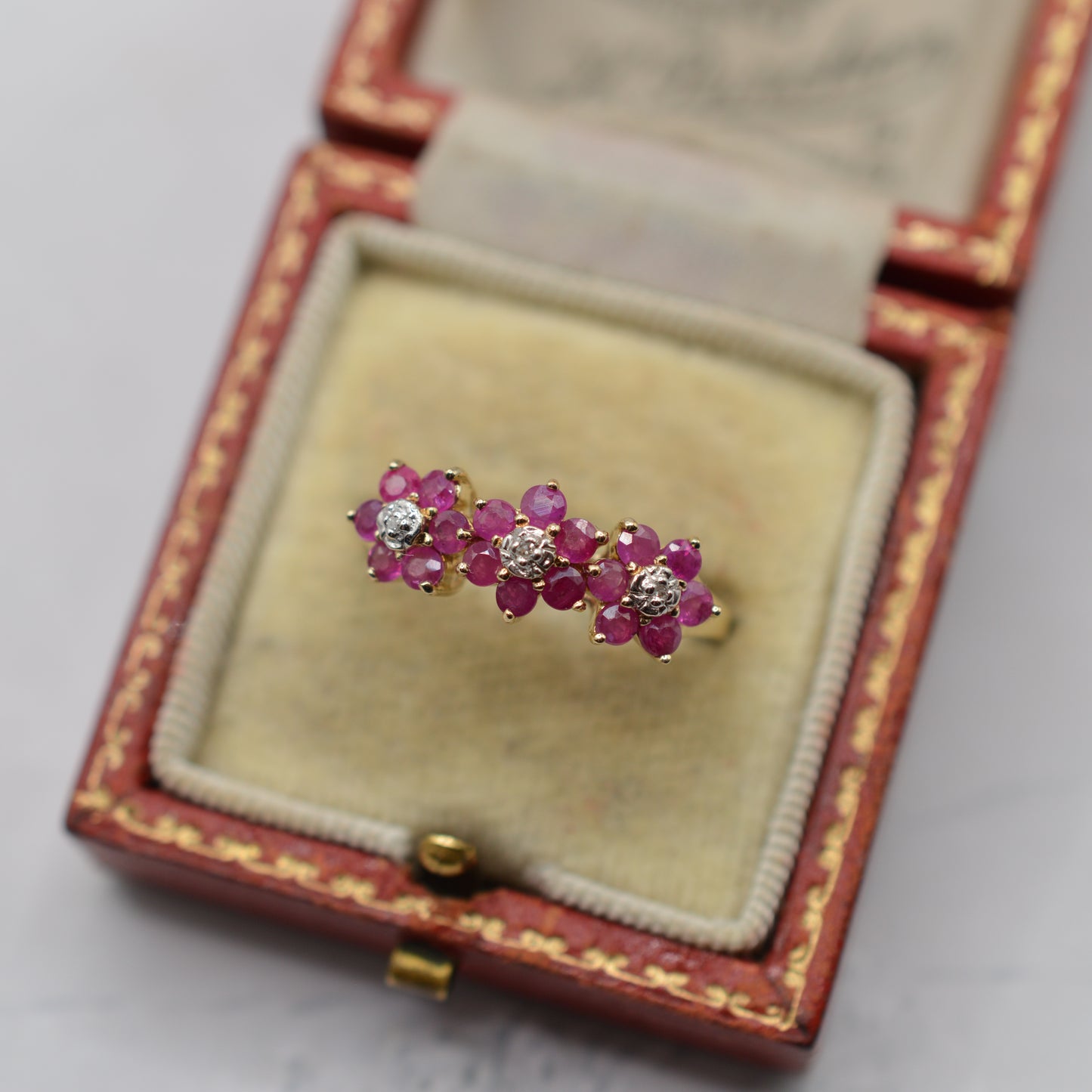 9ct Gold Ruby & Diamond Triple Floral Cluster Ring