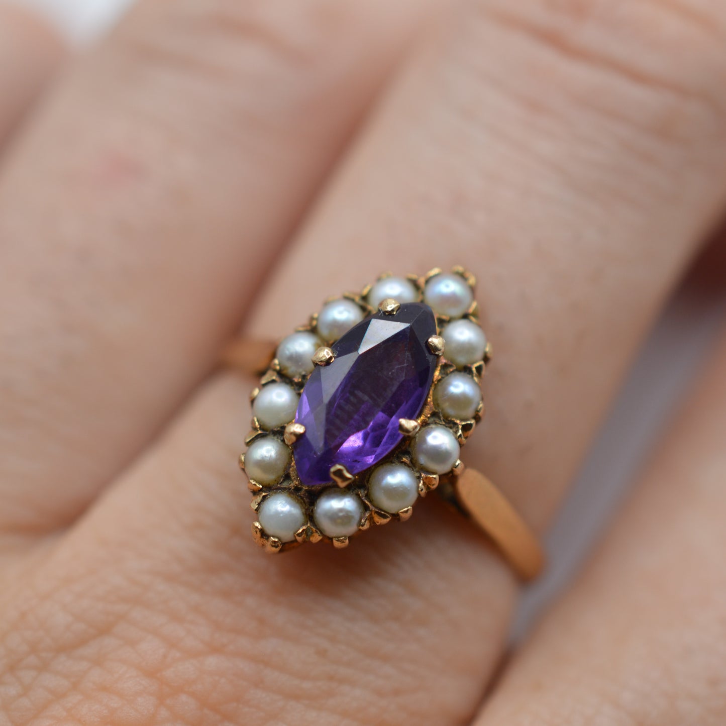 1990s 9ct Gold Amethyst & Seed Pearl Cluster Ring