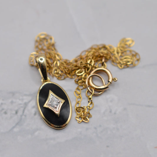9ct Gold Black Enamel & Diamond Pendant Necklace (16”)