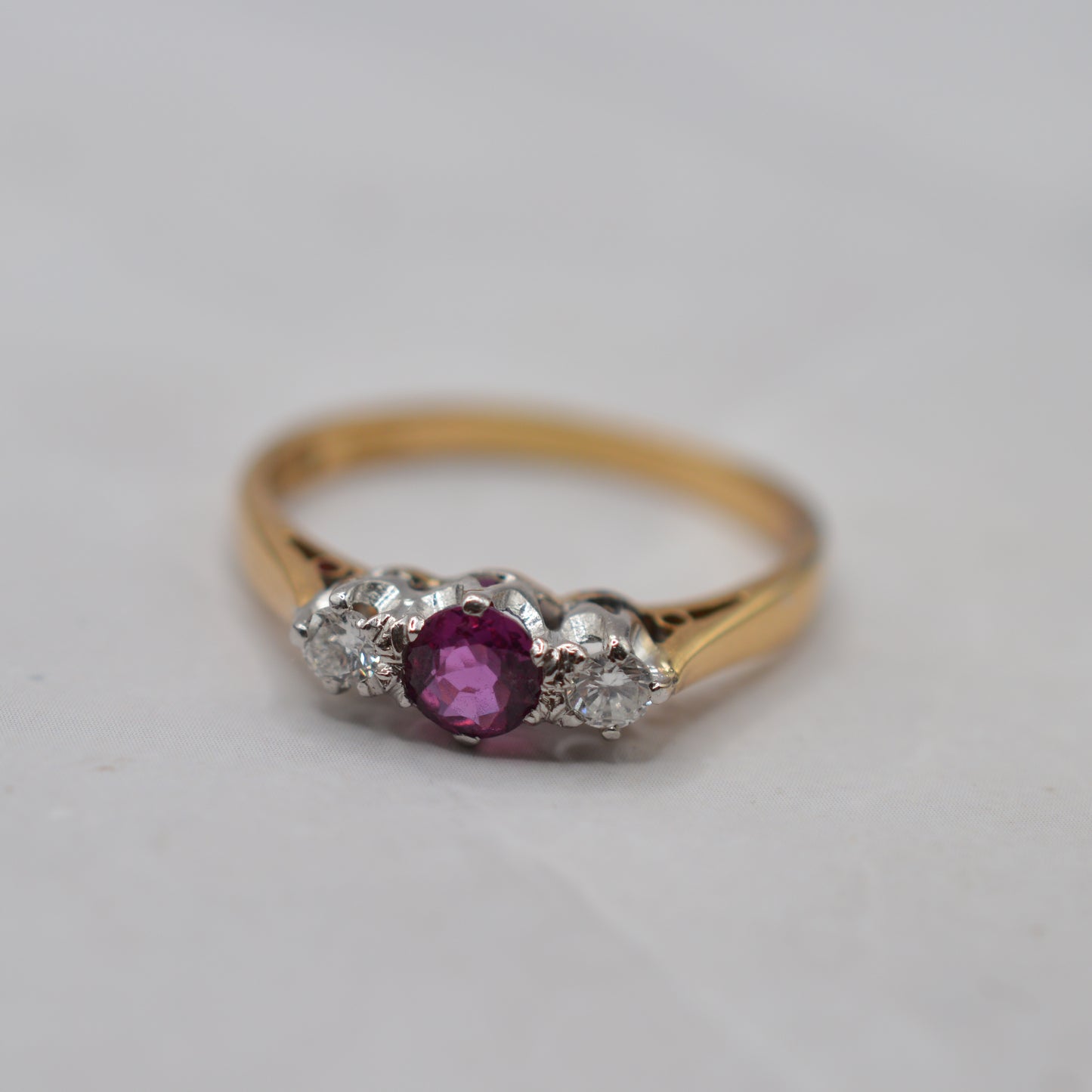 1970s 18ct Gold Pink Sapphire & Diamond Trilogy Ring