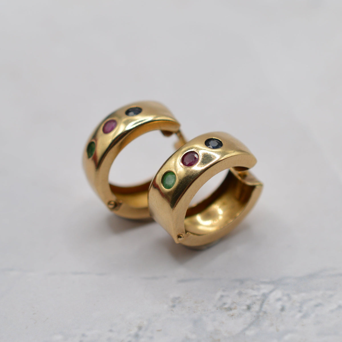 9ct Gold Emerald, Sapphire & Ruby Wide Hoop Earrings