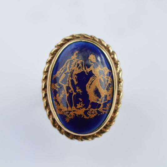 Rare 1970s Vintage 9ct Gold Porcelain Limoges Portrait Ring