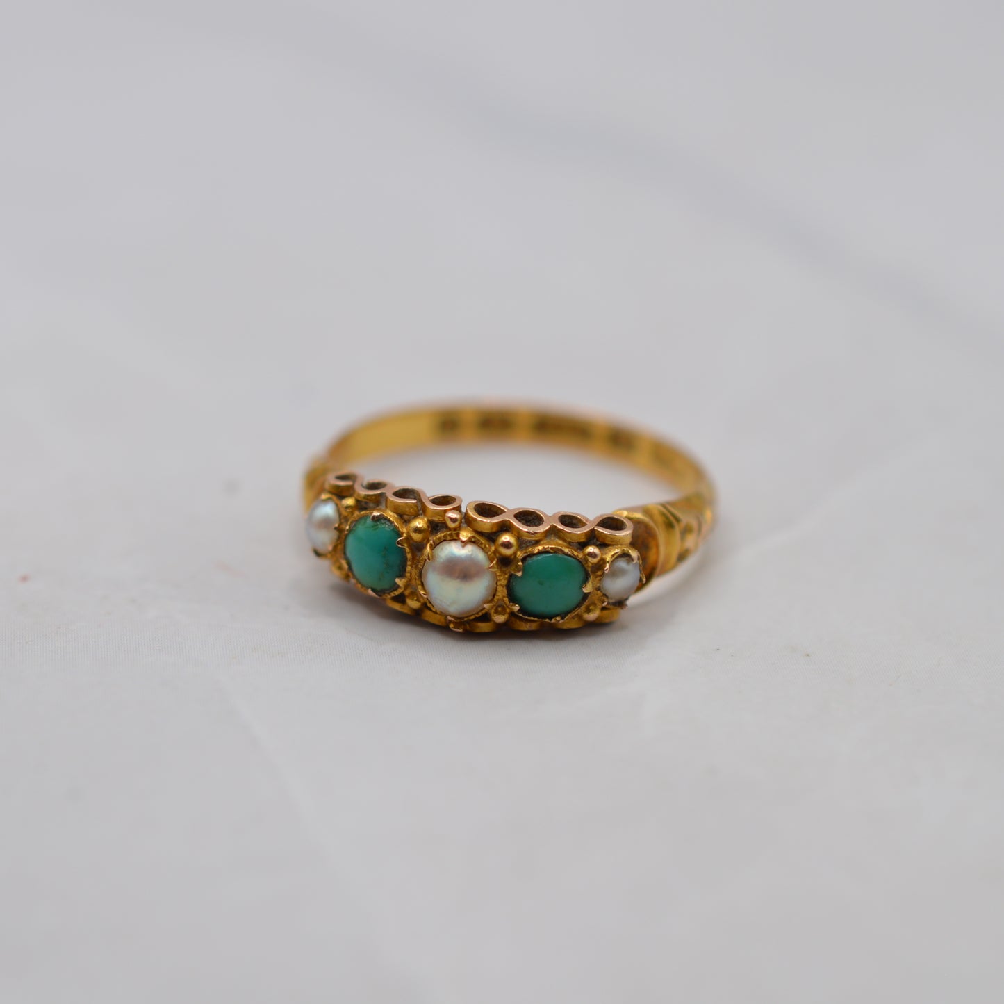 Antique Victorian 1864 15ct Gold Turquoise & Pearl Five-Stone Ring