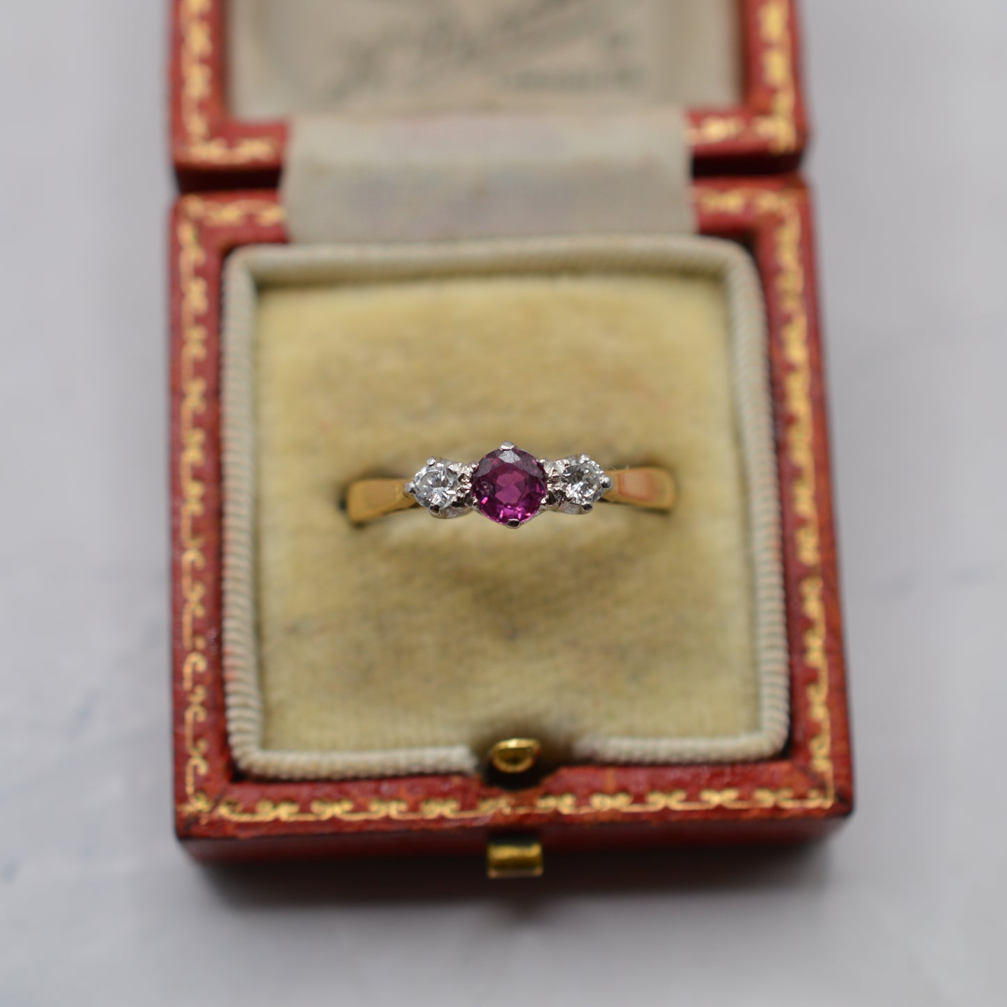 1970s 18ct Gold Pink Sapphire & Diamond Trilogy Ring