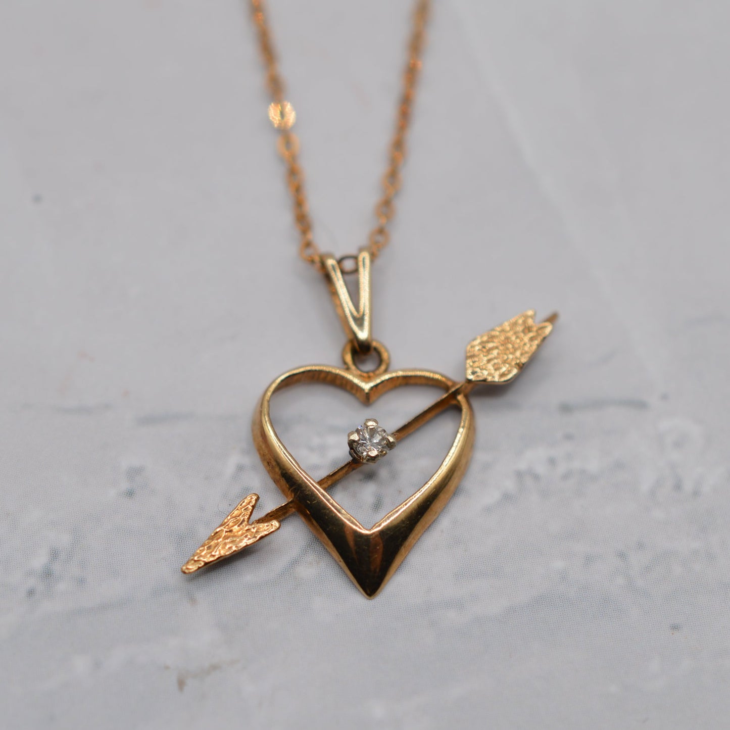 1970s Vintage 9ct Gold Diamond Heart & Arrow Pendant Necklace (18" Chain)