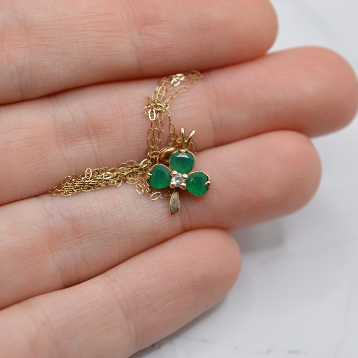 1990s Irish 9ct Gold Shamrock Emerald & Diamond Pendant Necklace