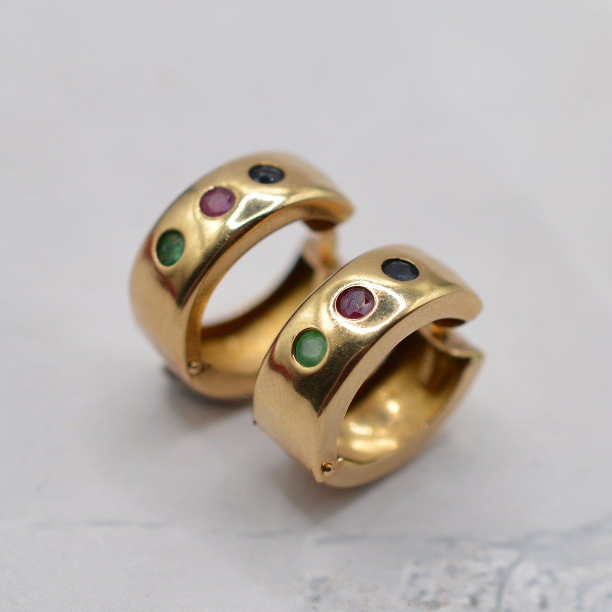 9ct Gold Emerald, Sapphire & Ruby Wide Hoop Earrings