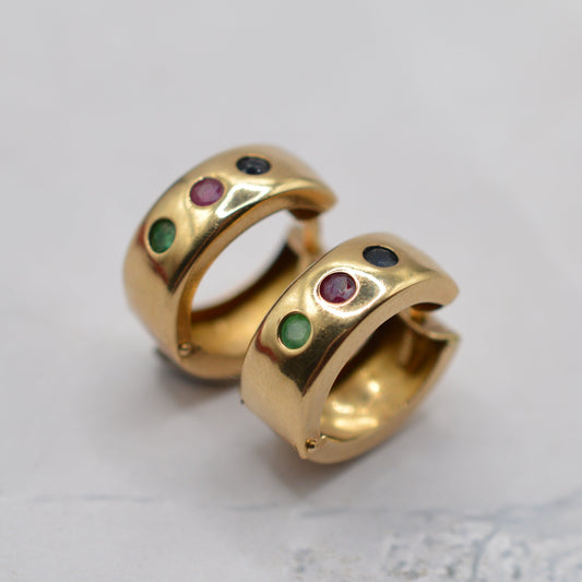9ct Gold Emerald, Sapphire & Ruby Wide Hoop Earrings