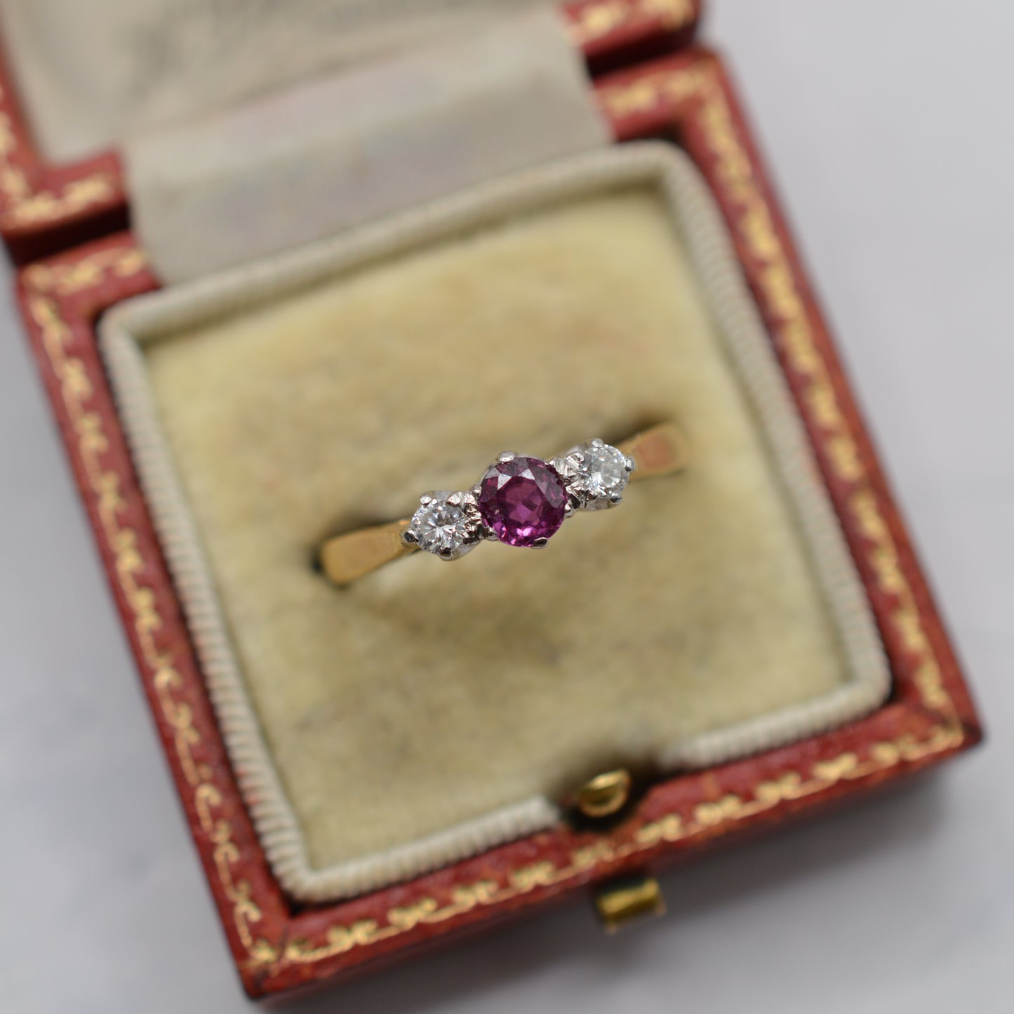 1970s 18ct Gold Pink Sapphire & Diamond Trilogy Ring