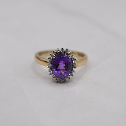 Y2K 9ct Gold Amethyst & Diamond Cluster Ring